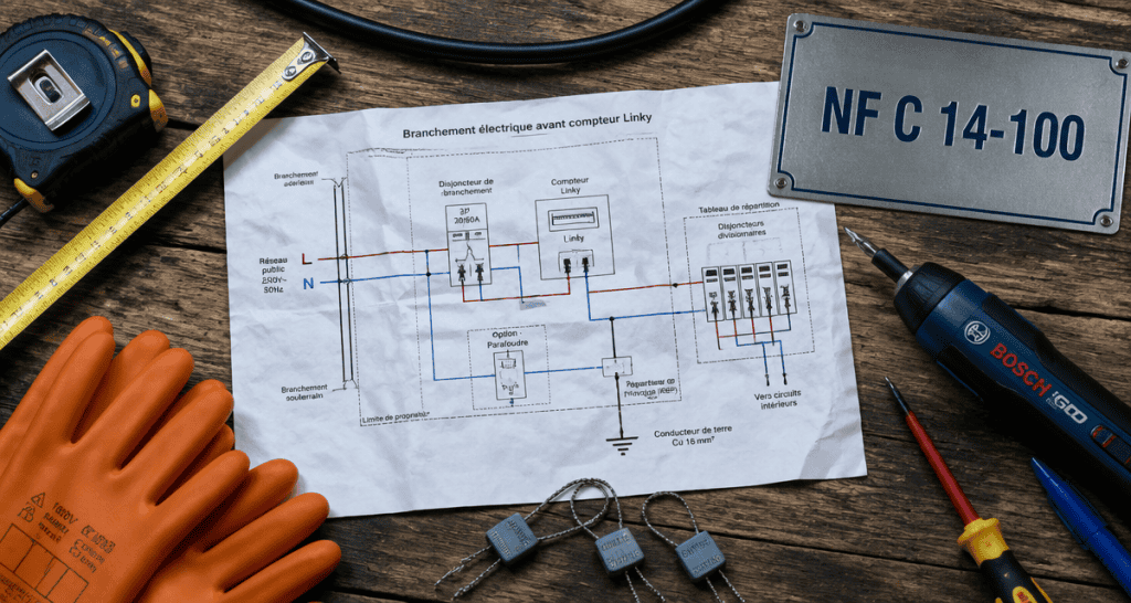 schéma branchement avant compteur linky avec outils et norme nf c 14-100