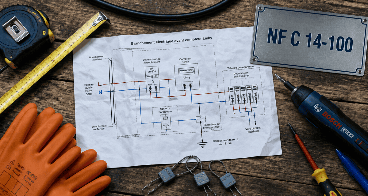 schéma branchement avant compteur linky avec outils et norme nf c 14-100
