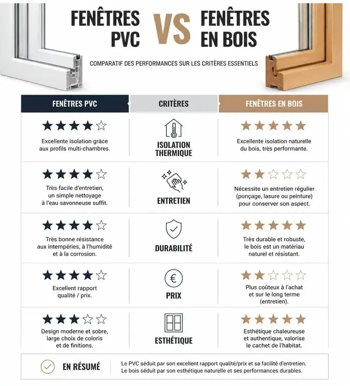Infographie comparative PVC vs Bois pour fenêtres