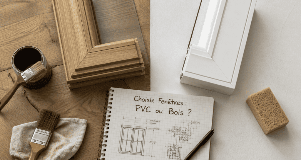 pvc ou bois pour les fenetres, échantillons sur plan de travail