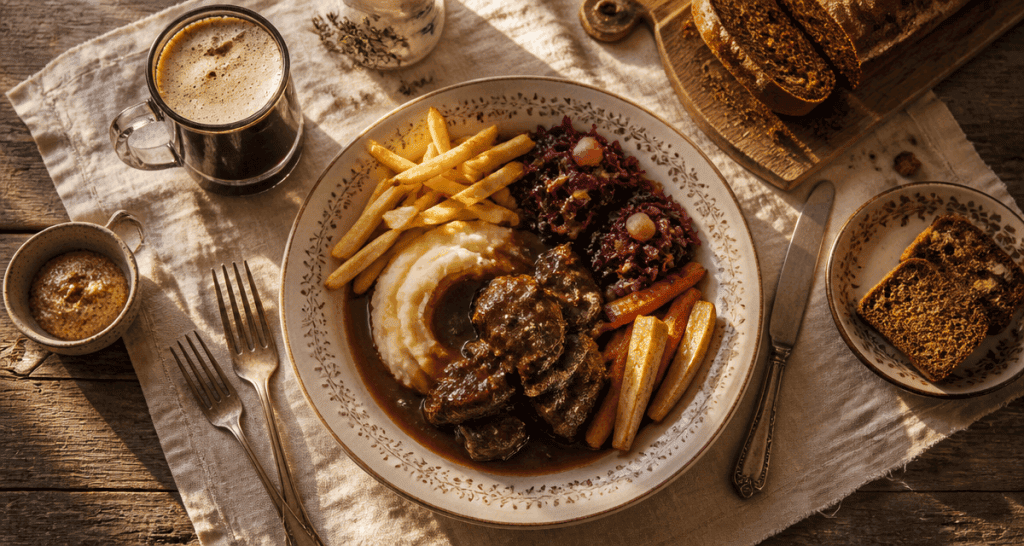 Accompagnement carbonade flamande avec frites, purée et légumes