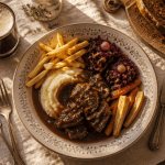 Accompagnement carbonade flamande avec frites, purée et légumes