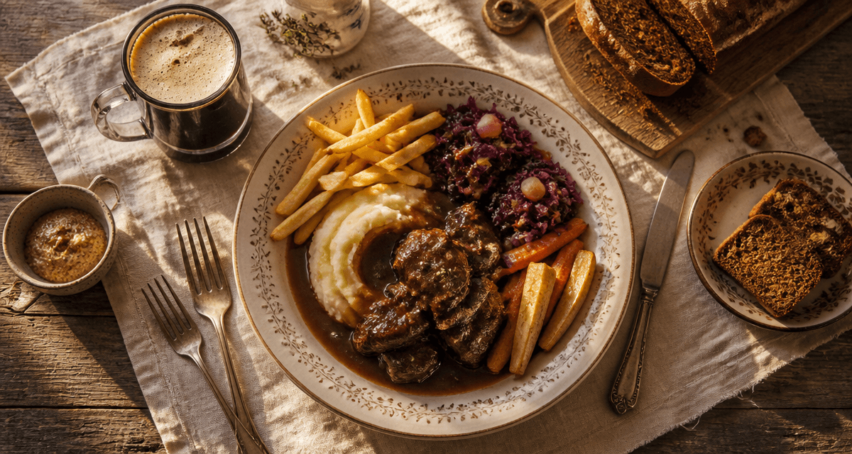 Accompagnement carbonade flamande avec frites, purée et légumes