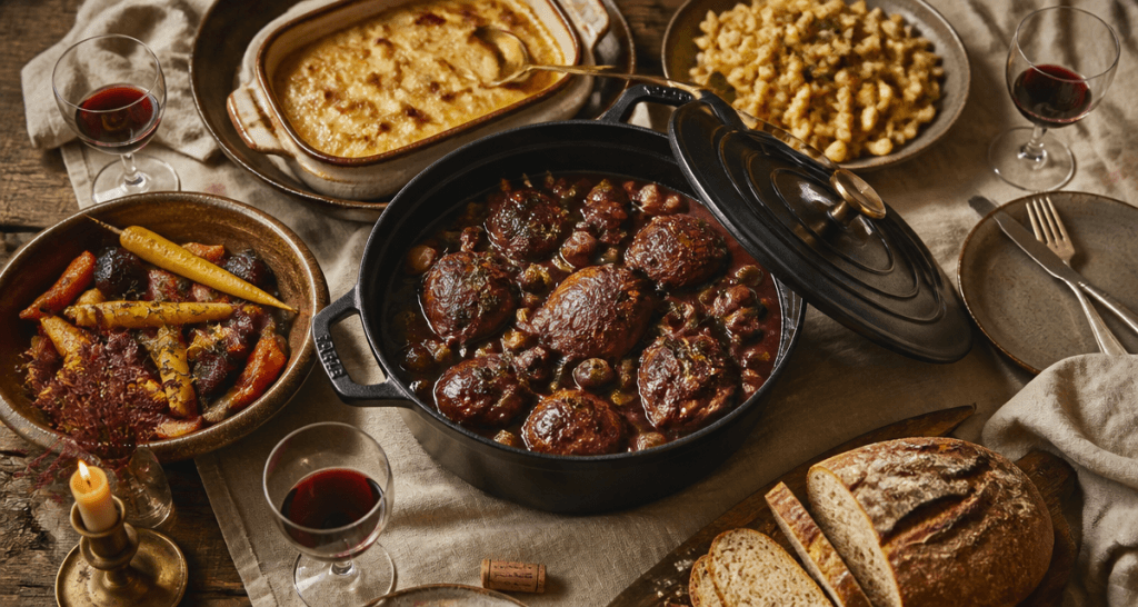 Accompagnement coq au vin sur table rustique