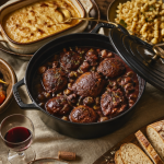 Accompagnement coq au vin sur table rustique