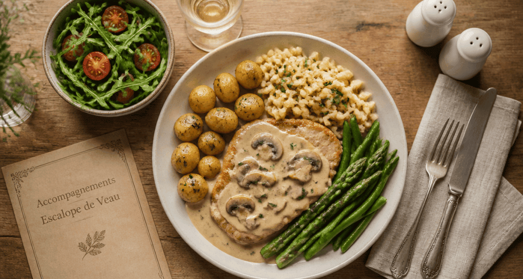 Accompagnement escalopes de veau avec pommes grenailles, spätzles et légumes verts