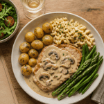 Accompagnement escalopes de veau avec pommes grenailles, spätzles et légumes verts