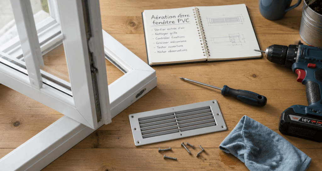 Aeration fenetre pvc grille et outils sur etabli