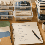 Aide rangement maison avec boîtes et checklist
