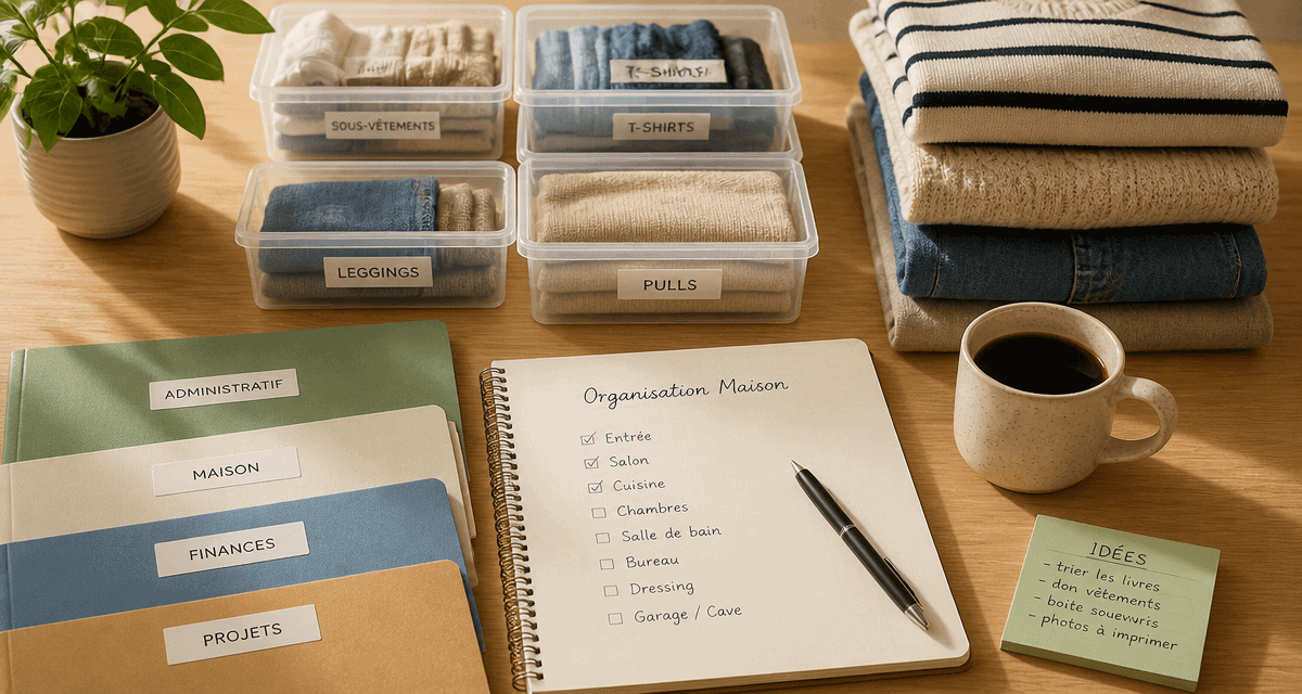 Aide rangement maison avec boîtes et checklist