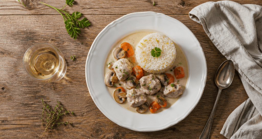blanquette de veau accompagnement riz pilaf carottes champignons