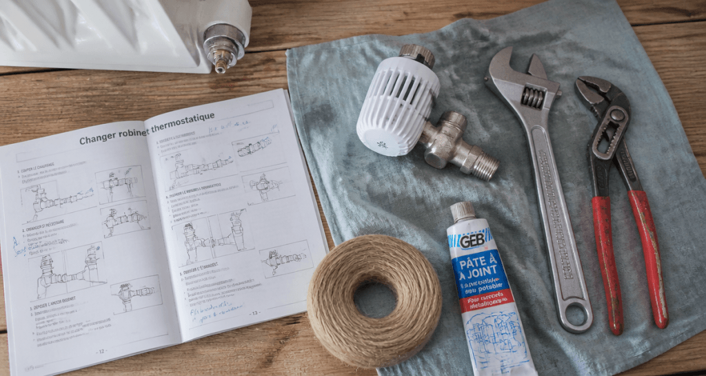 changer robinet thermostatique radiateur sur table bois avec outils