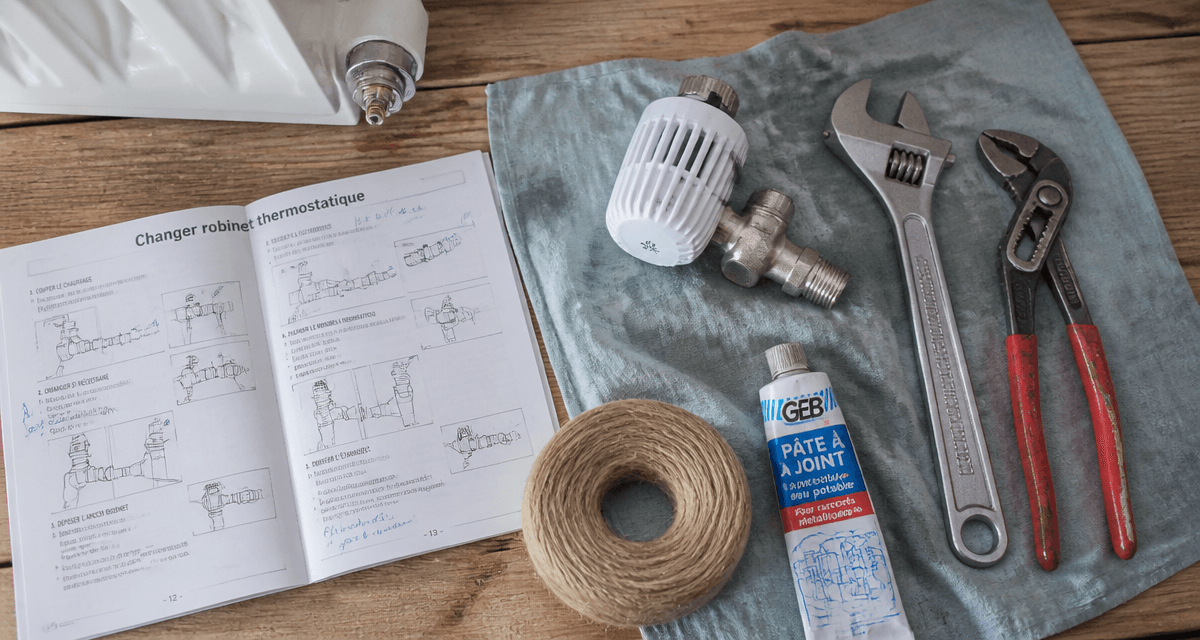 changer robinet thermostatique radiateur sur table bois avec outils