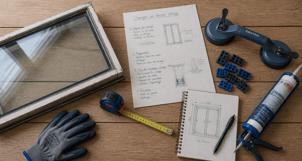 changer un double vitrage outils sur plan de travail