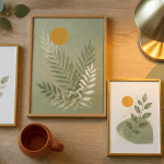 decoration murale vert sauge avec cadres et eucalyptus