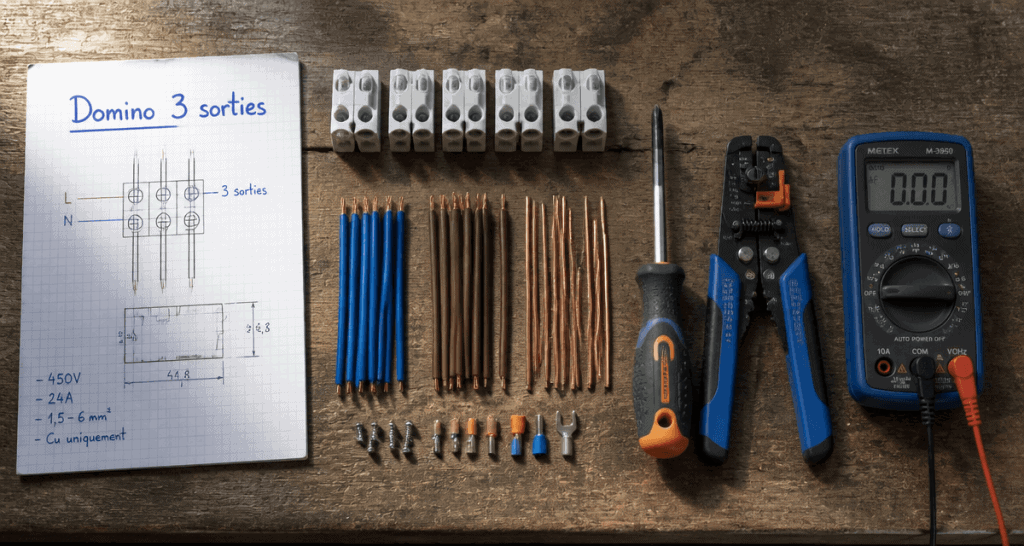 domino électrique 3 sorties avec outils sur établi