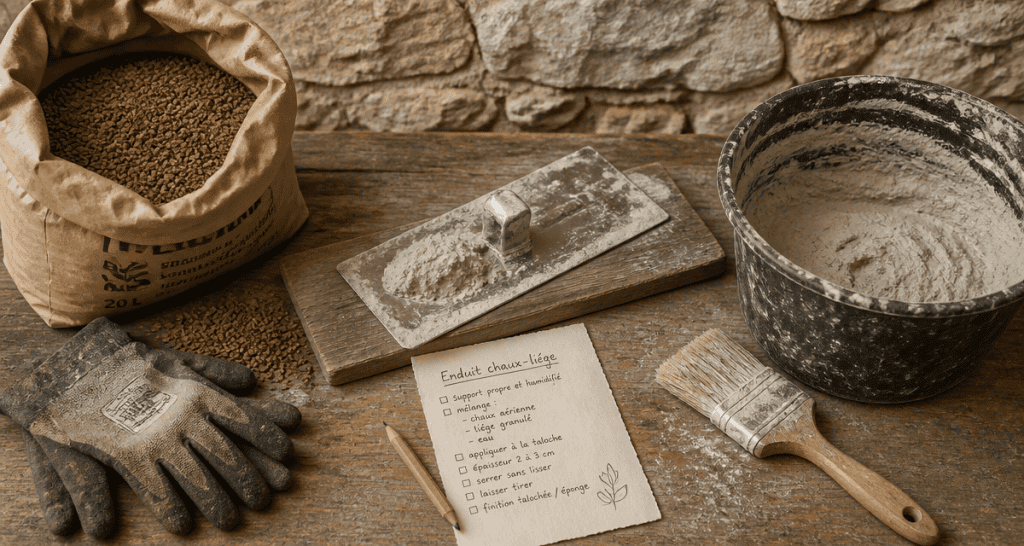 enduit chaux liege outils mur ancien