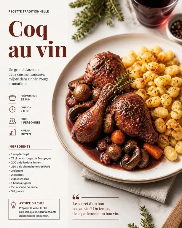 Coq au vin traditionnel servi avec des spätzle, l'accompagnement idéal pour ce plat français.