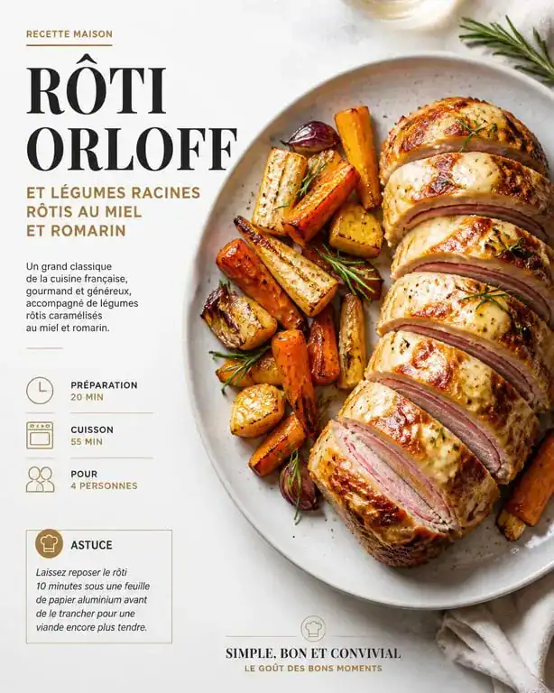 Rôti Orloff accompagné de légumes racines rôtis au miel et romarin