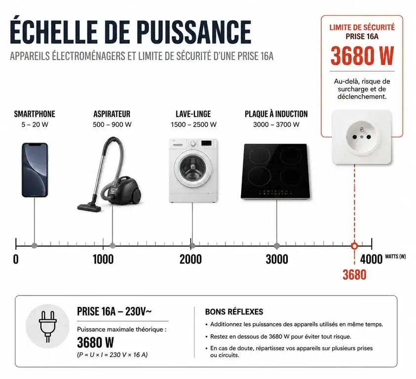 Infographie comparative des puissances des appareils électroménagers par rapport à la limite d'une prise 16A