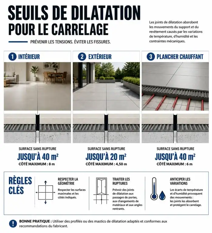 Infographie des seuils de dilatation pour carrelage selon le DTU