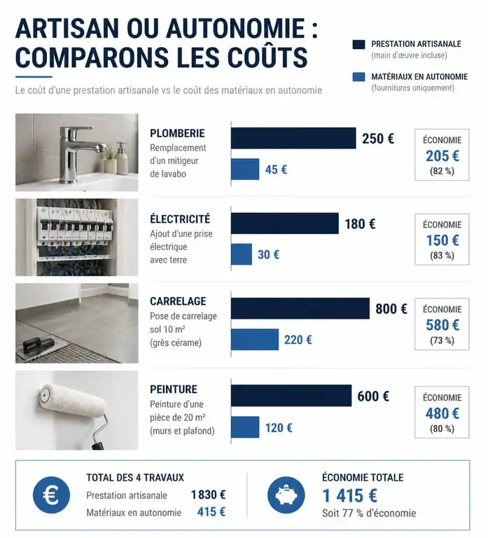 Comparatif des économies réalisées en bricolage par rapport aux tarifs des artisans