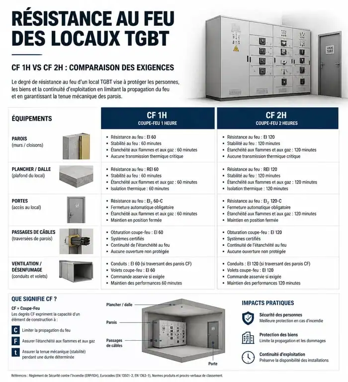 Infographie des exigences de résistance au feu pour local TGBT et équipements électriques