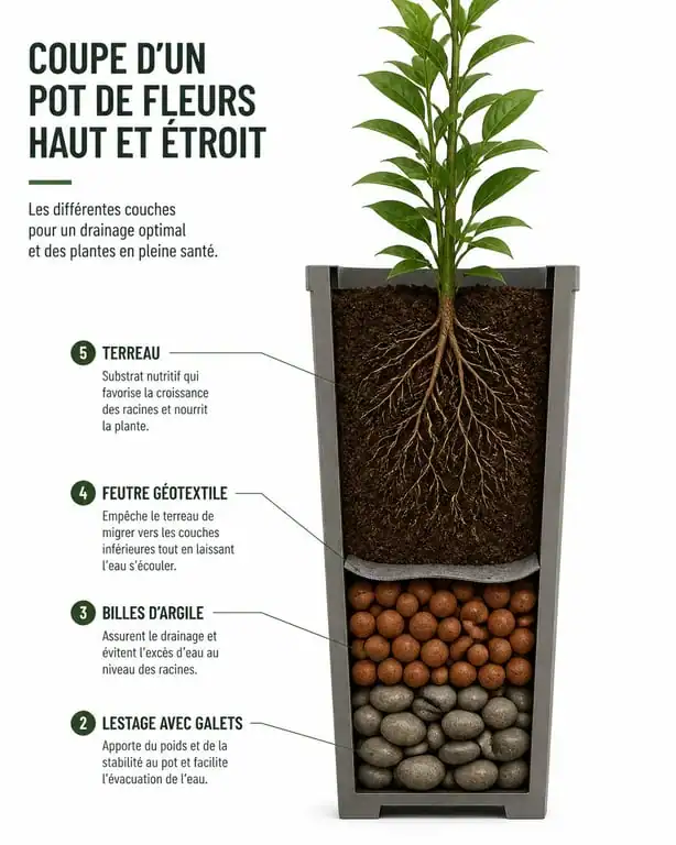 Schéma en coupe d'un pot haut et étroit avec drainage et faux fond pour plantes