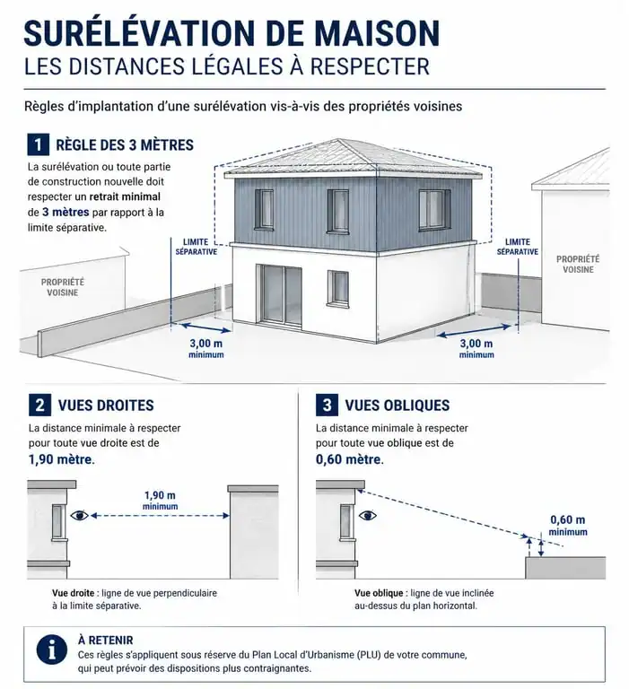 Schéma des distances légales pour une surélévation de maison et voisinage