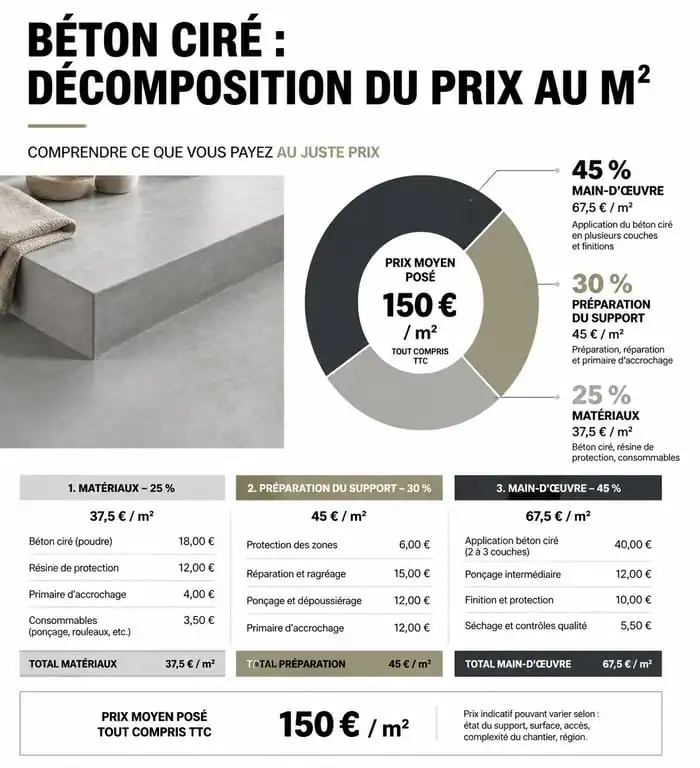 Infographie comparative du prix du béton ciré au m² et décomposition des coûts