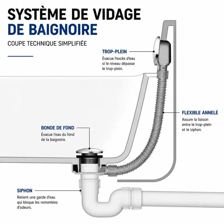 Schéma de fonctionnement d'un système de trop-plein de baignoire
