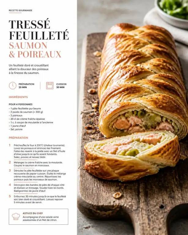 Feuilleté tressé au saumon et poireaux, recette avec de la pâte feuilletée