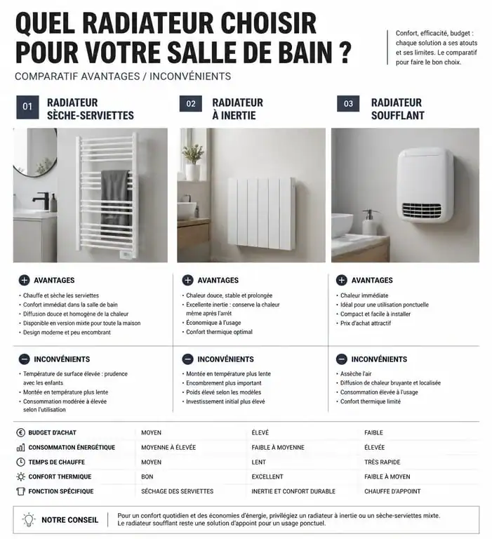 Comparatif des types de radiateurs pour salle de bain : sèche-serviettes, inertie et soufflant