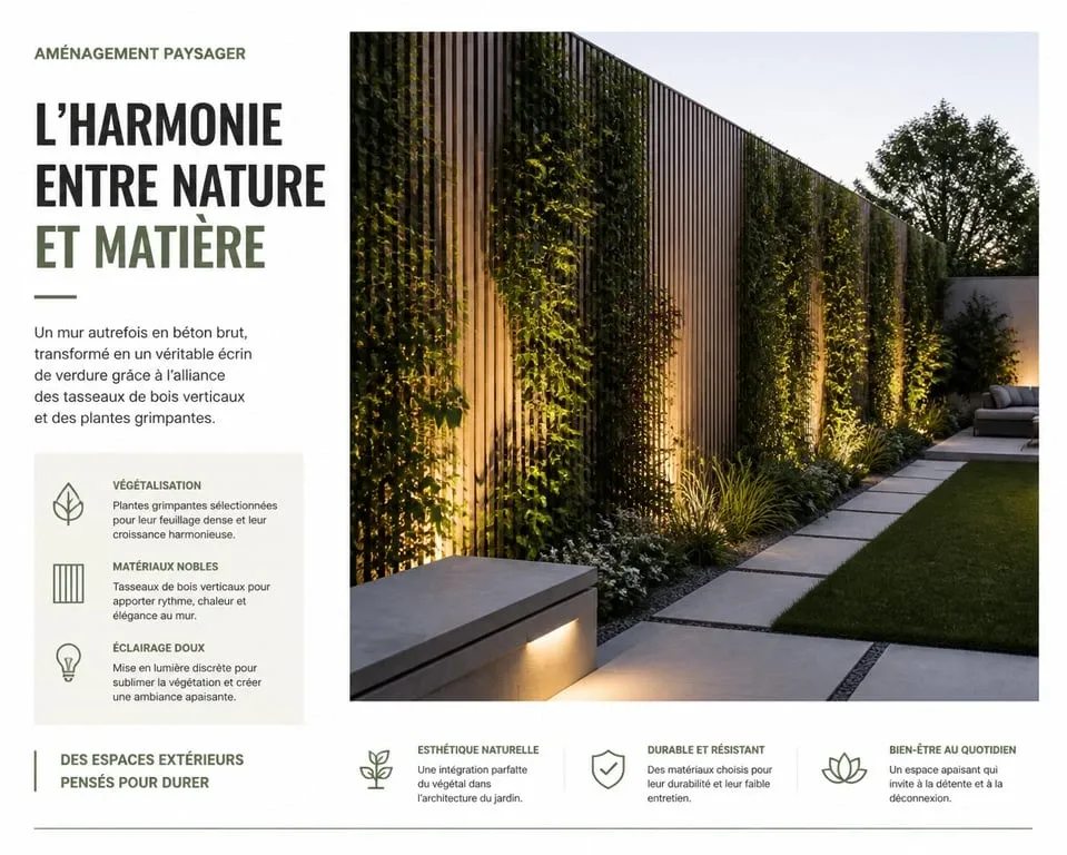 Idée pour cacher un mur extérieur avec du bois et des plantes