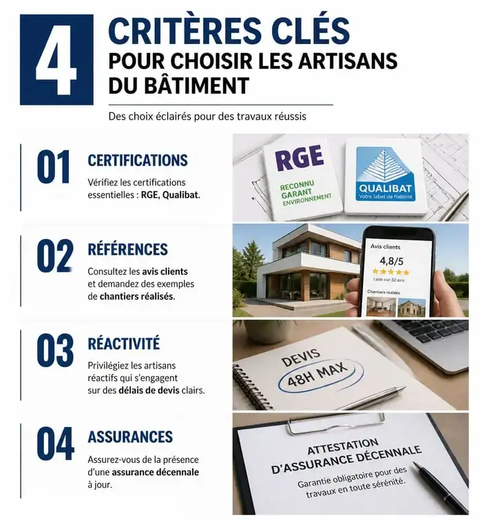 Infographie des critères de sélection pour choisir les artisans du bâtiment