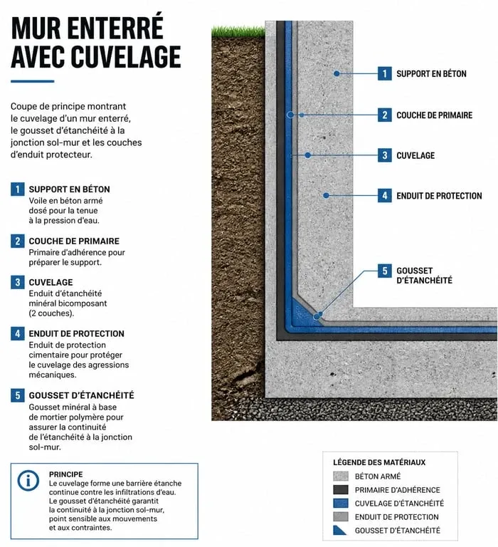 Schéma technique d'un cuvelage de mur enterré avec gousset d'étanchéité
