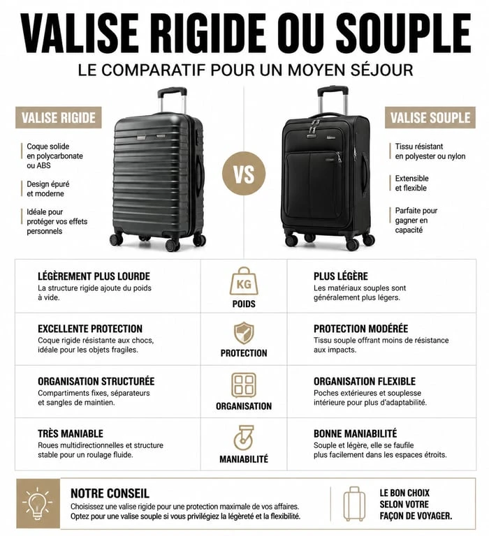 Infographie comparative des valises rigides et souples pour un moyen séjour