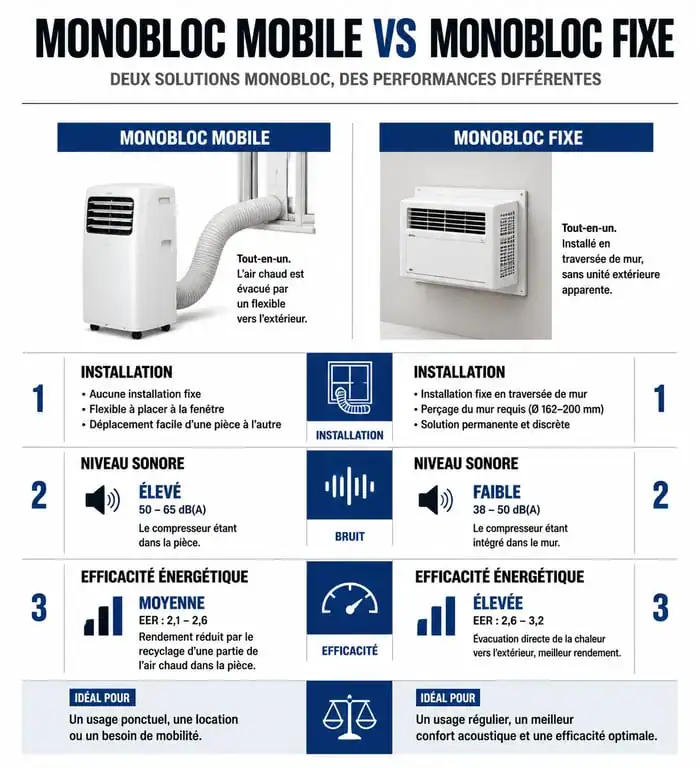 Comparatif climatiseur monobloc mobile vs fixe : installation, bruit et efficacité