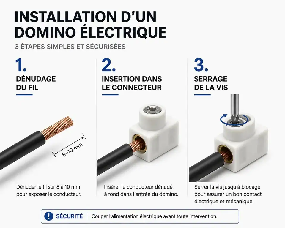 Étapes d'installation d'un domino électrique 3 sorties pour un câblage sécurisé