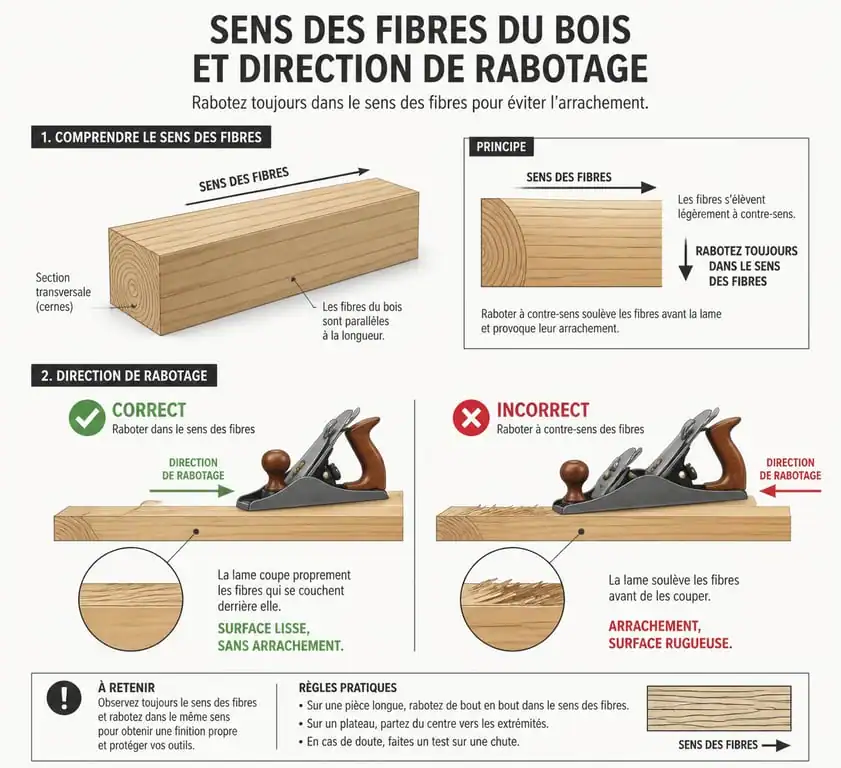 Schéma explicatif du sens du fil pour raboter le bois sans arrachement