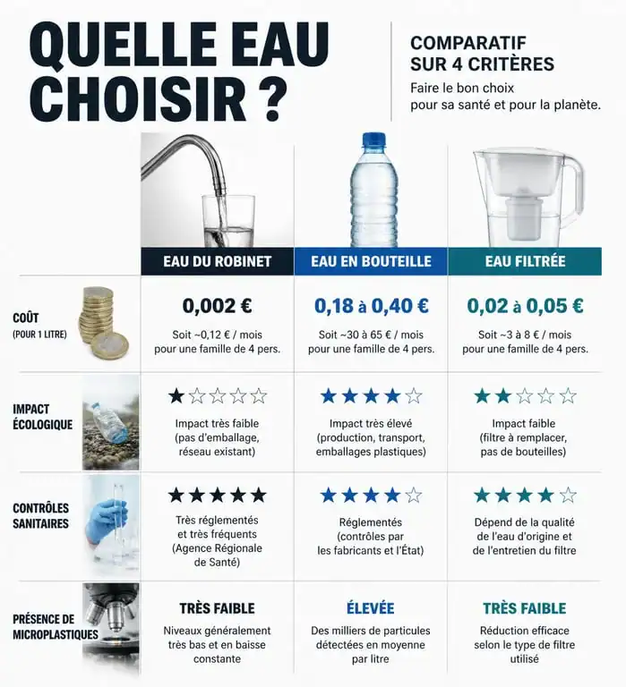 Infographie comparative : eau du robinet vs eau en bouteille vs eau filtrée