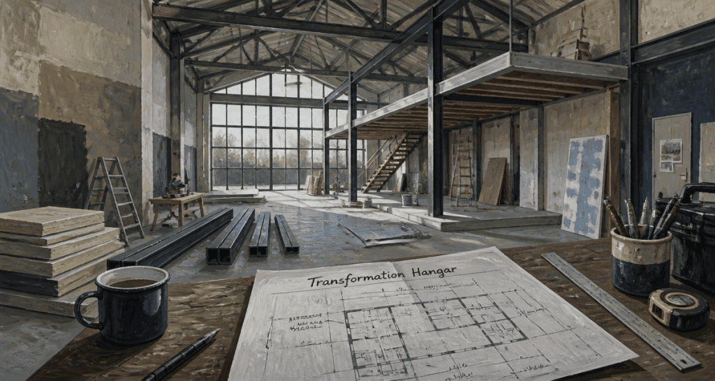 Hangar aménagé en maison avec mezzanine et baies vitrées