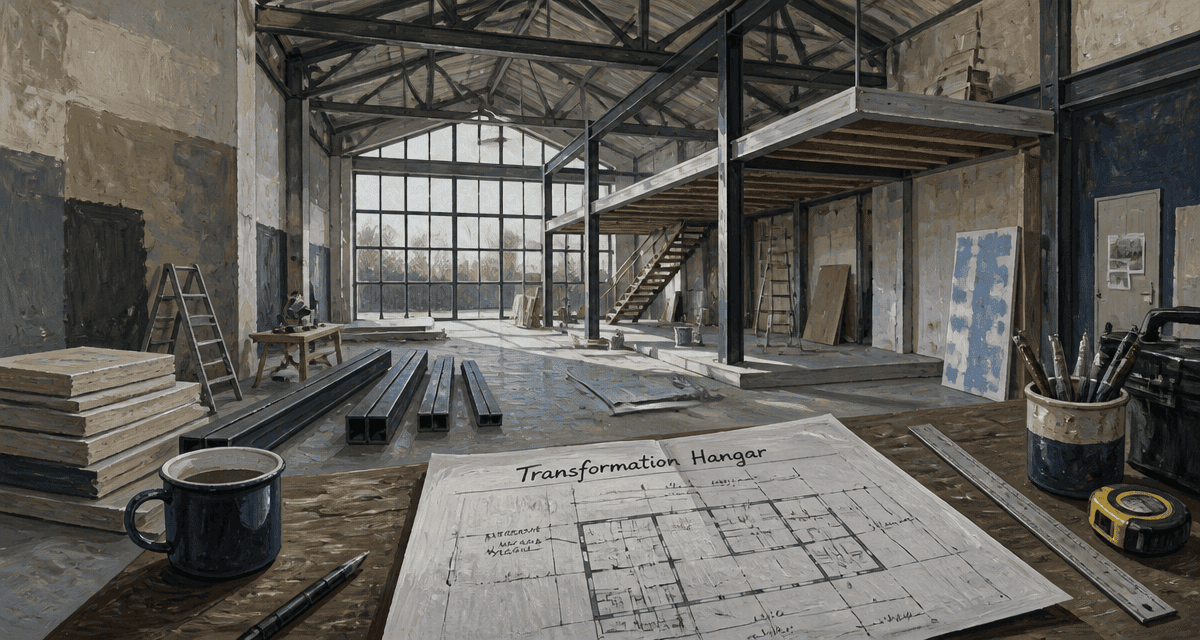 Hangar aménagé en maison avec mezzanine et baies vitrées