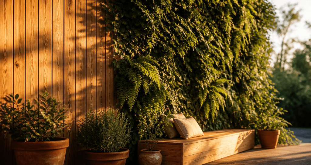 idee pour cacher un mur exterieur avec bardage bois et plantes