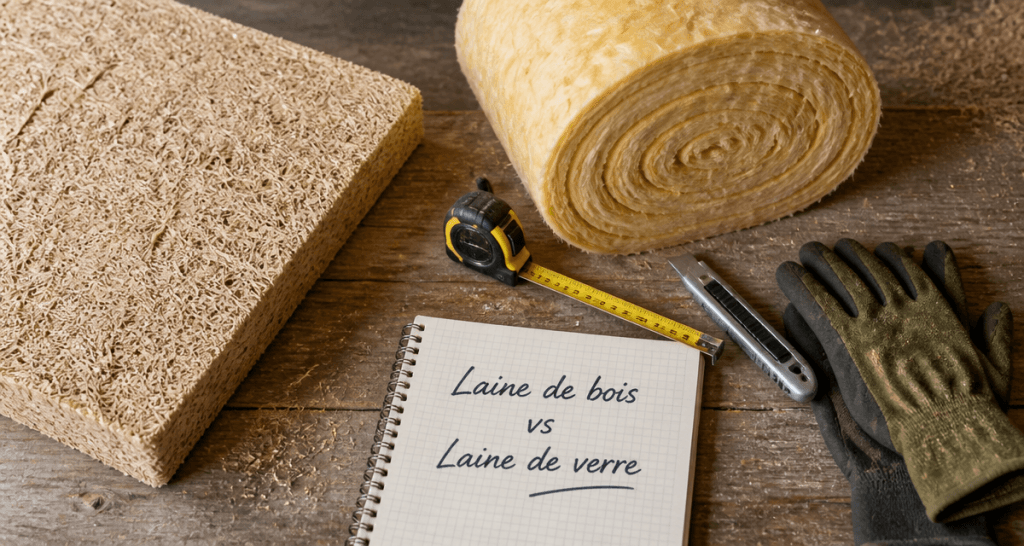 laine de verre ou laine de bois sur plan de travail, outils