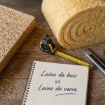 laine de verre ou laine de bois sur plan de travail, outils