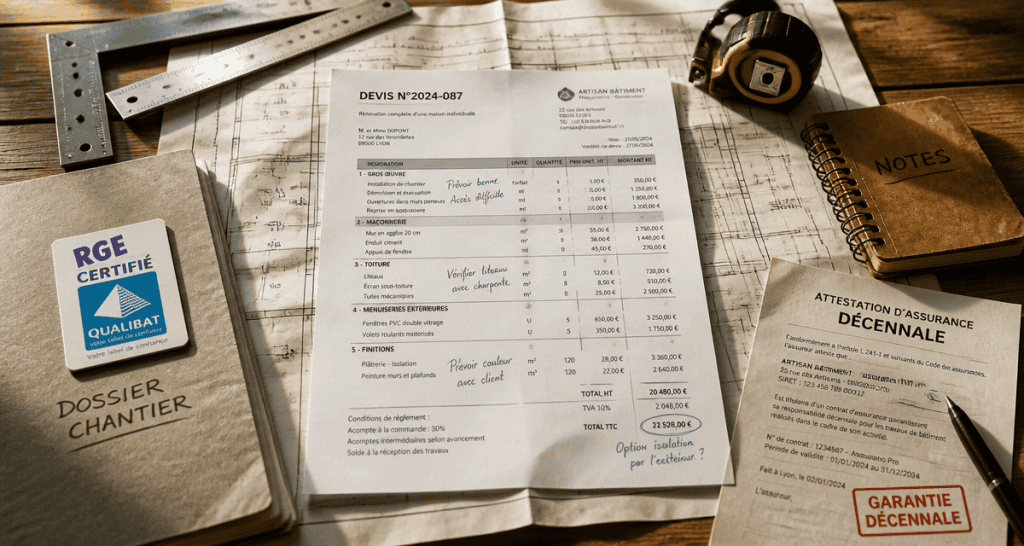 les artisans du batiment sur un bureau avec devis et assurance