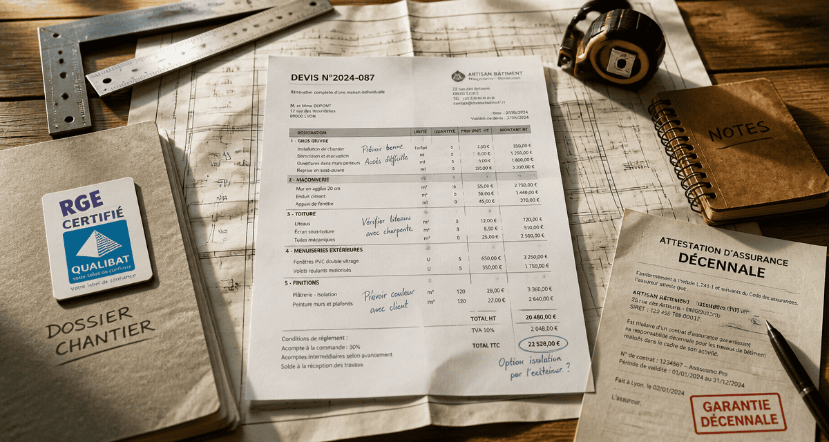les artisans du batiment sur un bureau avec devis et assurance