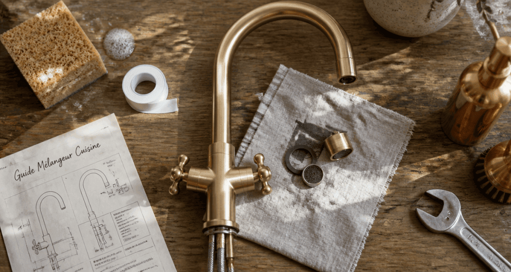 melangeur robinet cuisine laiton sur plan bois