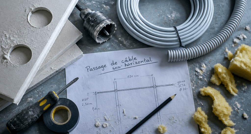 passer un câble horizontal dans une cloison placo outillage